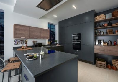 Porter in Matt White with feature island in Alpina Burnt Ash kitchen