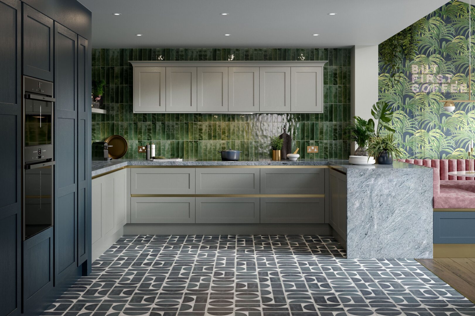 Crathorne - Handleless Dust Grey & Hartforth - Blue shaker kitchen door 1