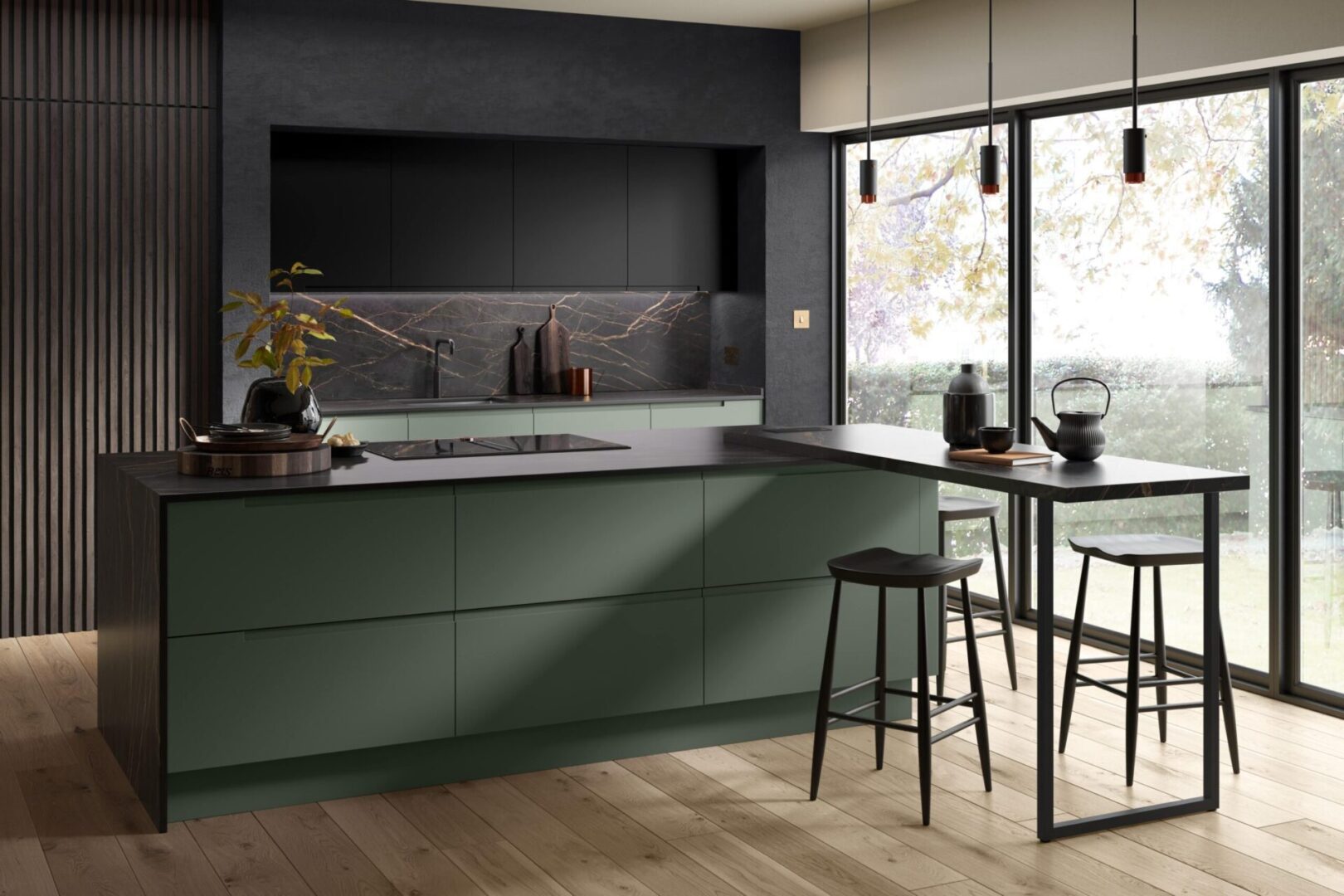 PWS Second Nature Kitchen painted J profile kitchen door - Remo Regents Green & Carbon